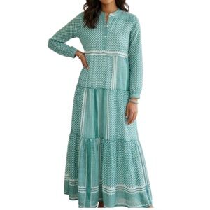 Vintage Ibiza Green Keffiyeh Print Cotton Maxi Dress Boho Modest Large NWOT